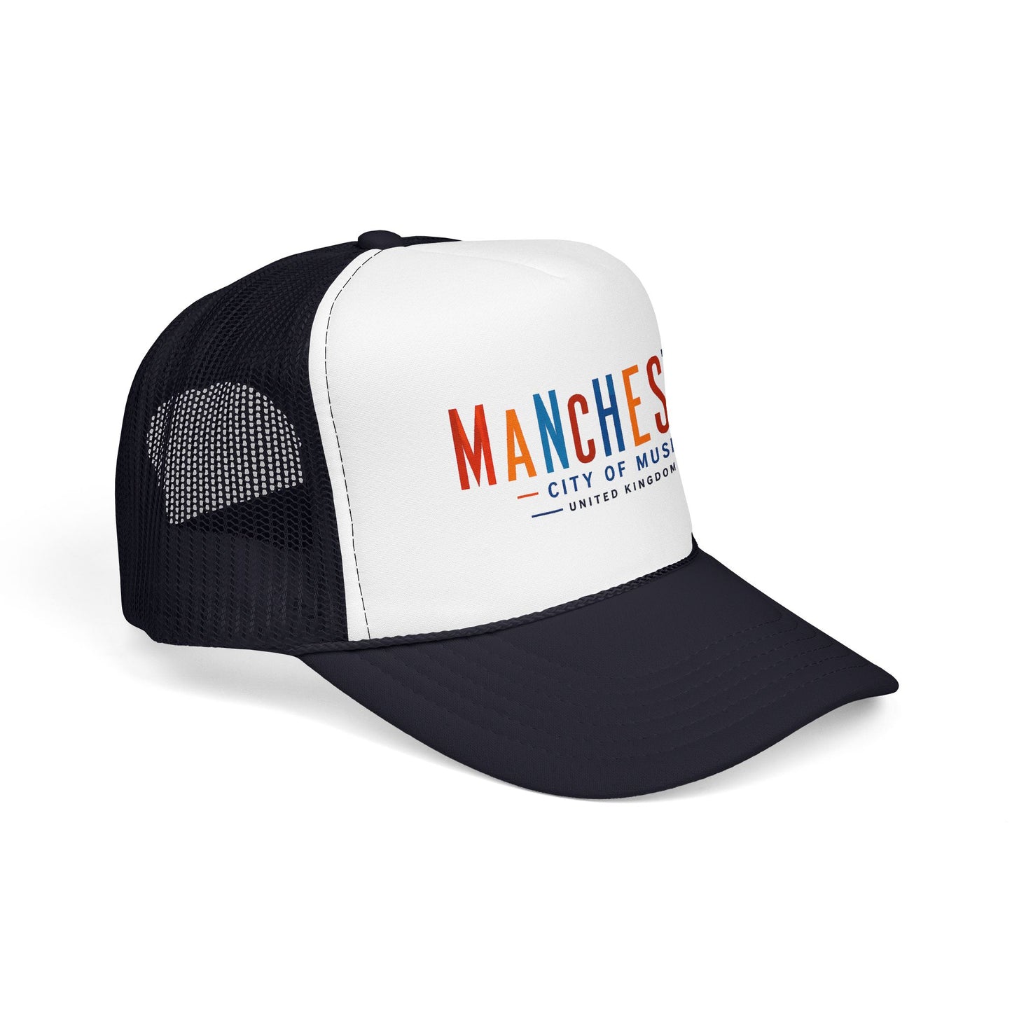 Black and white trucker hat with embroidered Manchester City of Music logo on front panel