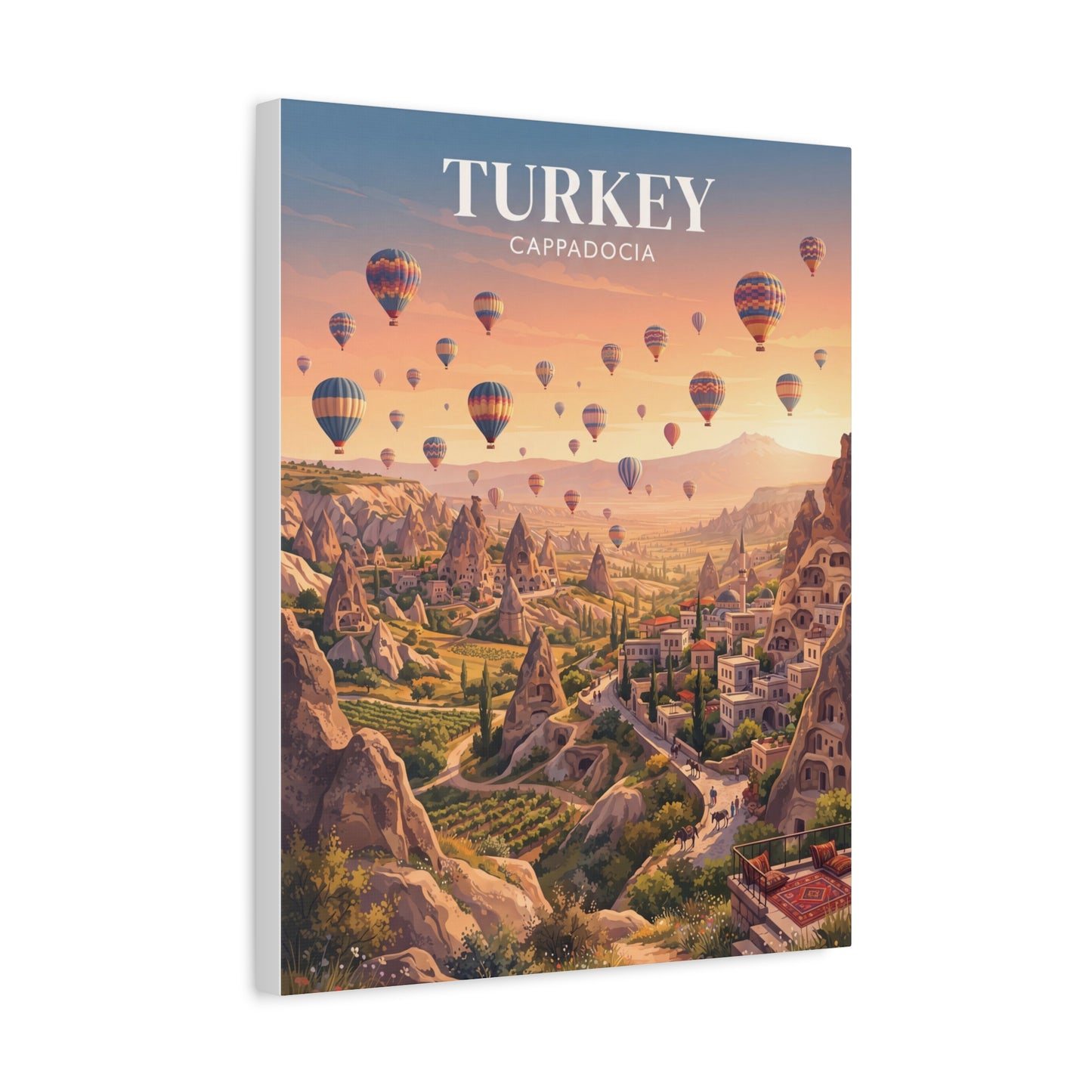 Matte canvas wall art of hot air balloons over Cappadocia valley, 'TURKEY' heading.