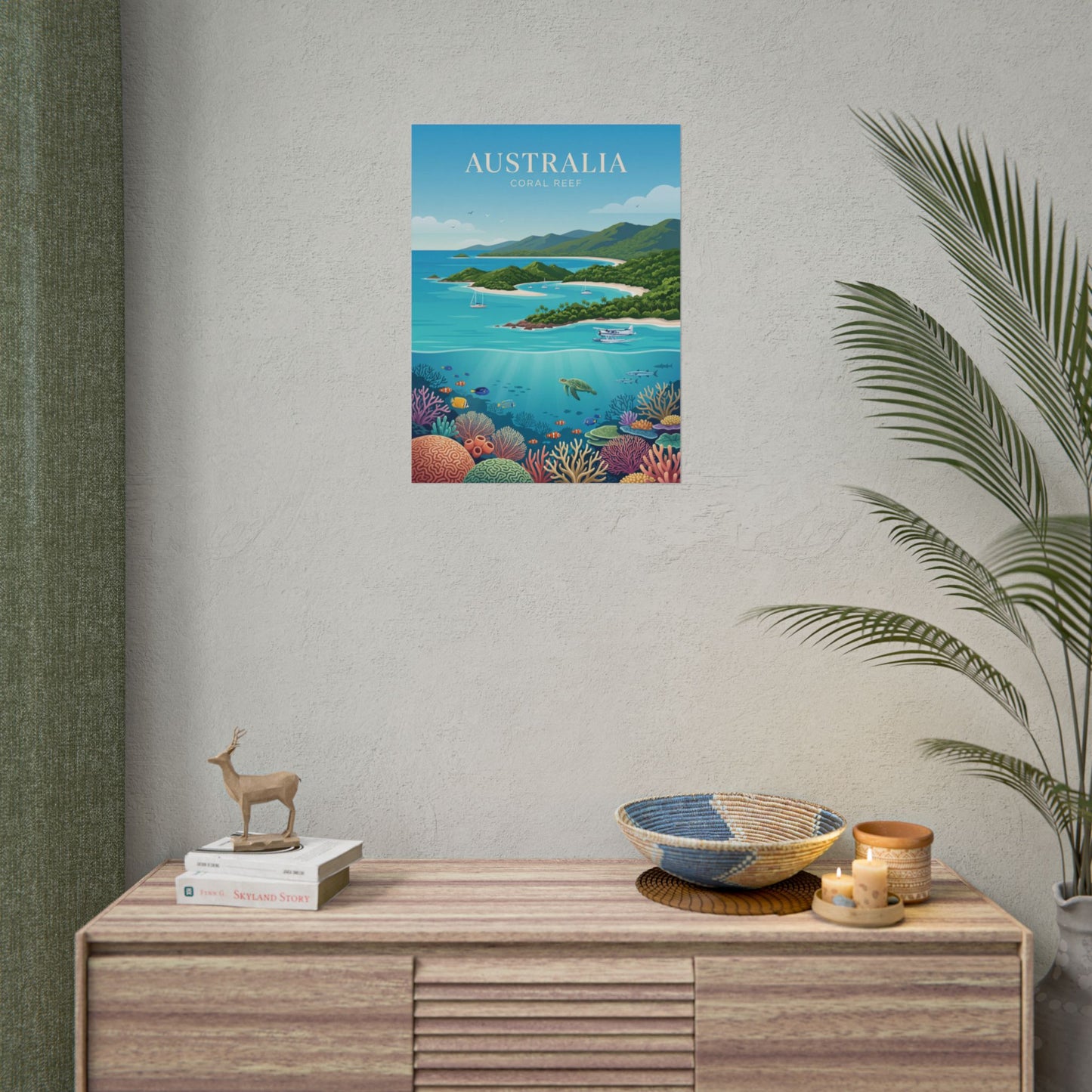 Australia coral reef rolled poster displayed on wall, featuring turquoise water, fish, and corals.