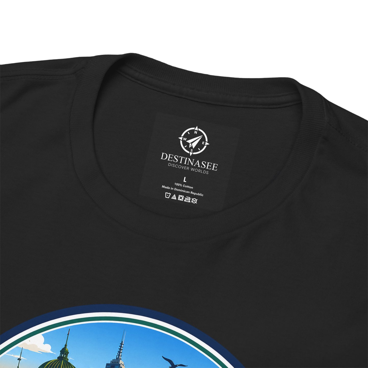 Black crew-neck T-shirt with small neck label and large circular Victoria logo print