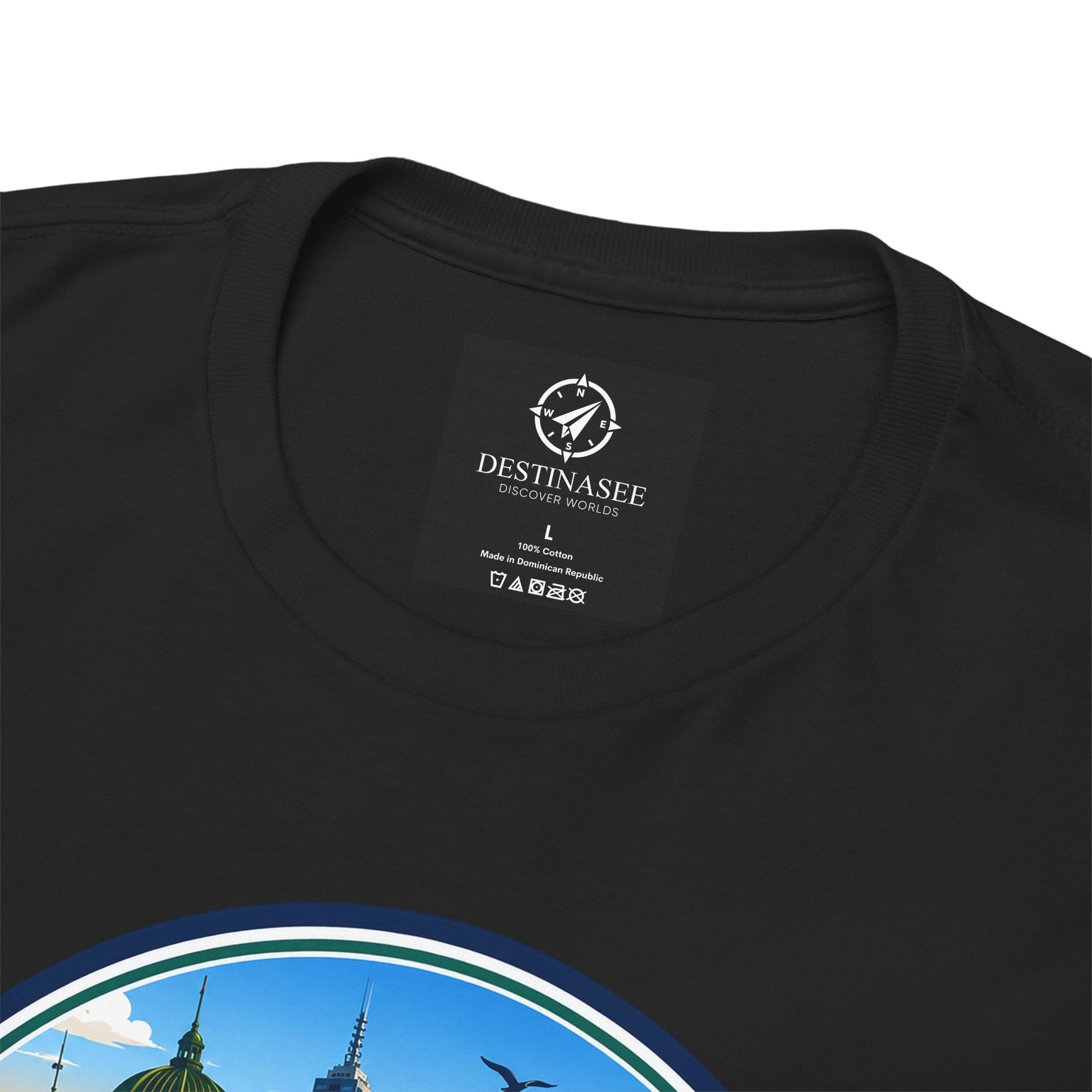 Black crew-neck T-shirt with small neck label and large circular Victoria logo print