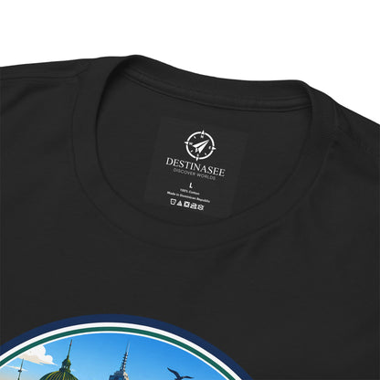 Black crew-neck T-shirt with small neck label and large circular Victoria logo print