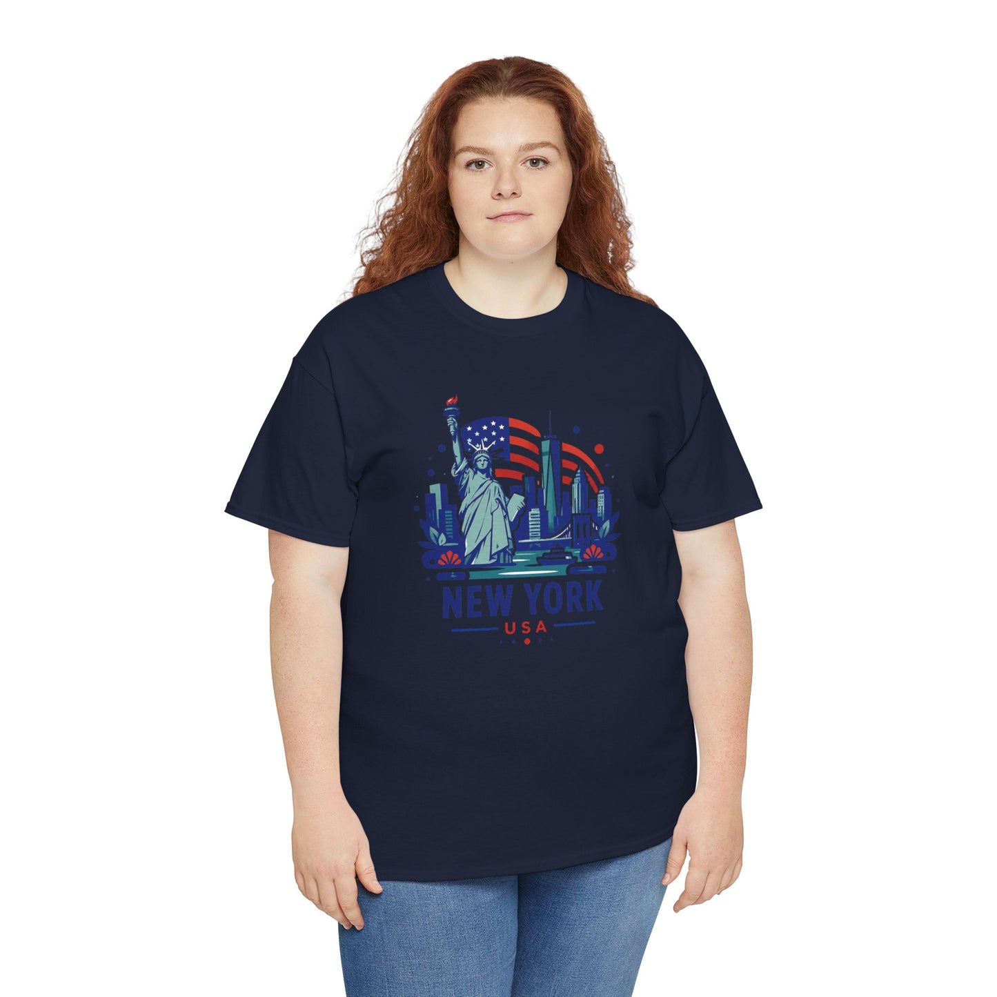 Navy crewneck T-shirt with Statue of Liberty and arched 'NEW YORK USA' graphic