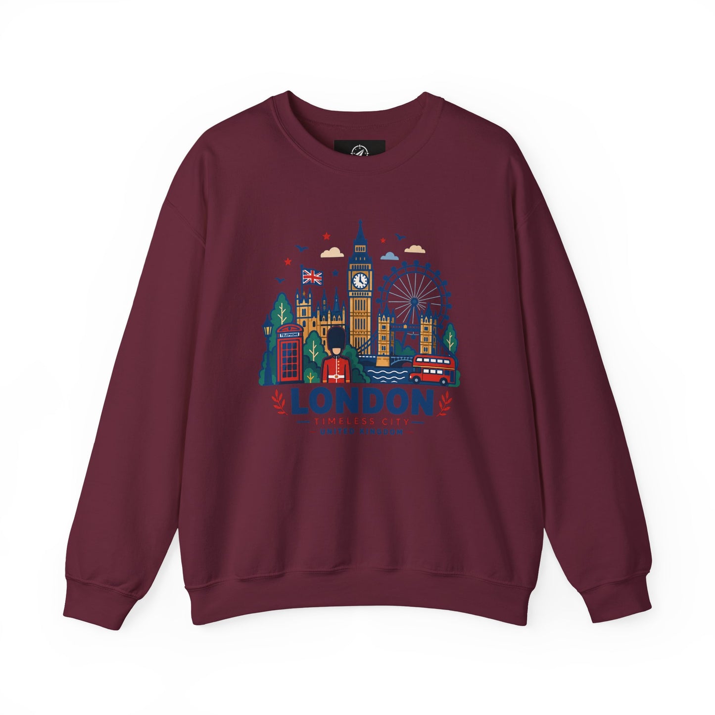 Maroon crewneck sweatshirt with colorful London skyline graphic on front