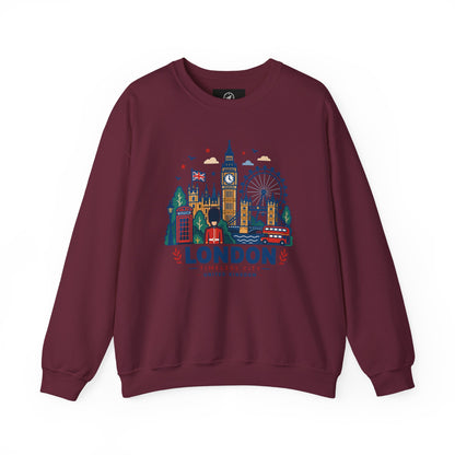 Maroon crewneck sweatshirt with colorful London skyline graphic on front