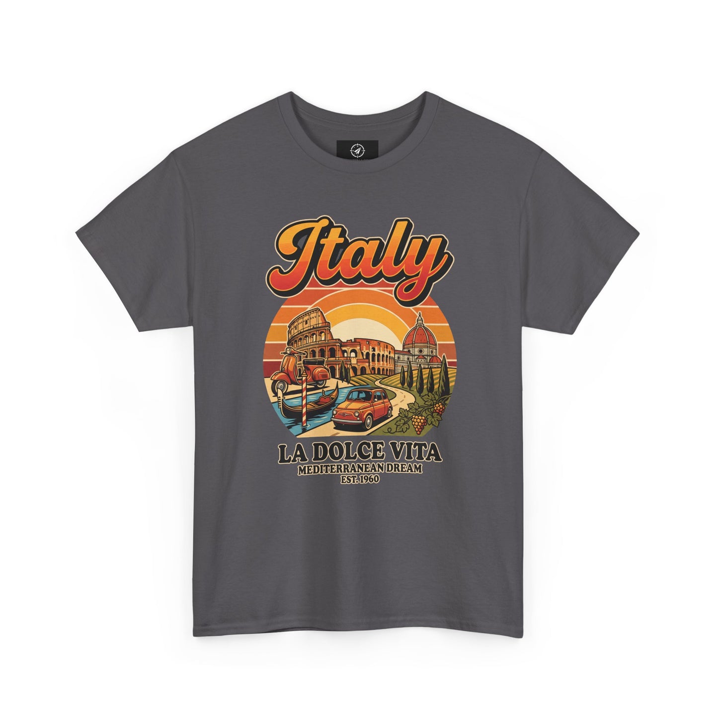 Charcoal vintage graphic T-shirt with front “Italy” text and illustrated scene