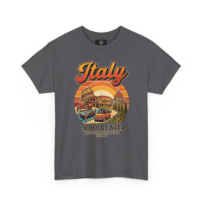 Charcoal vintage graphic T-shirt with front “Italy” text and illustrated scene