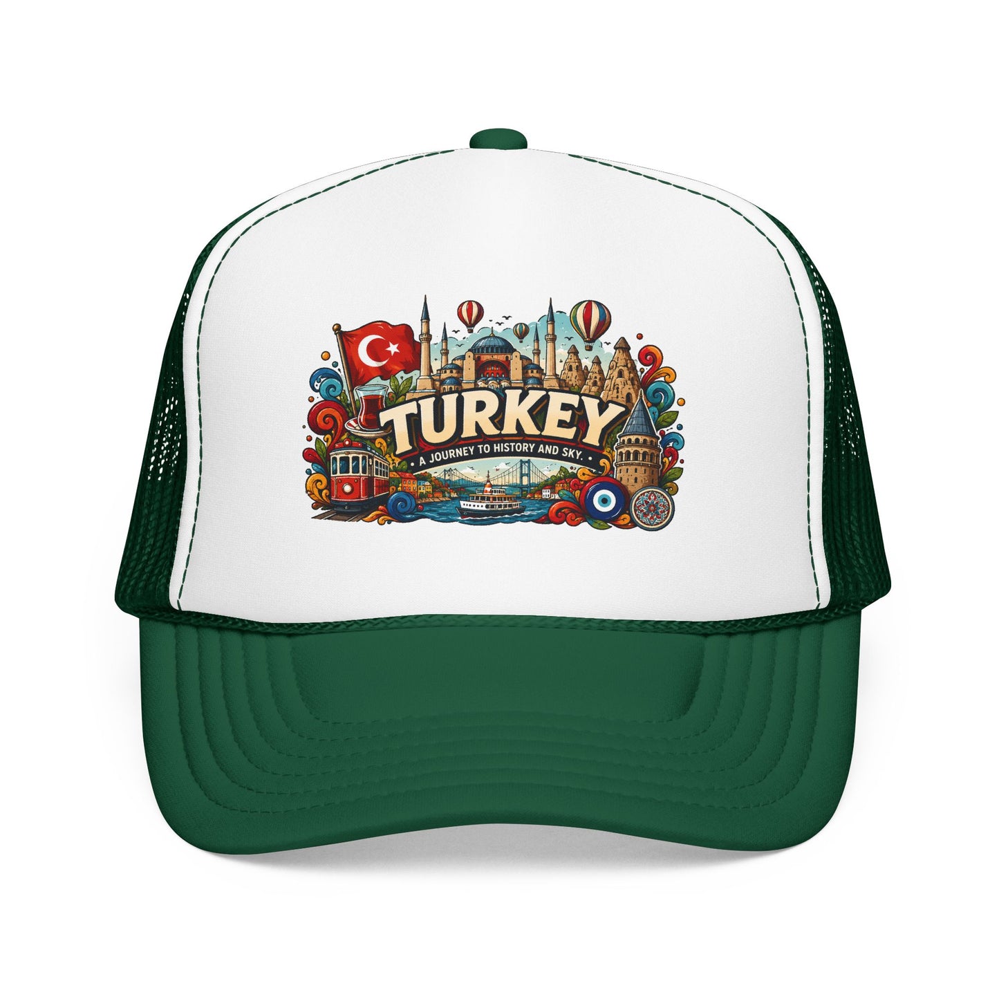 Turkey trucker hat with white front, dark green mesh sides, and Turkey graphic patch