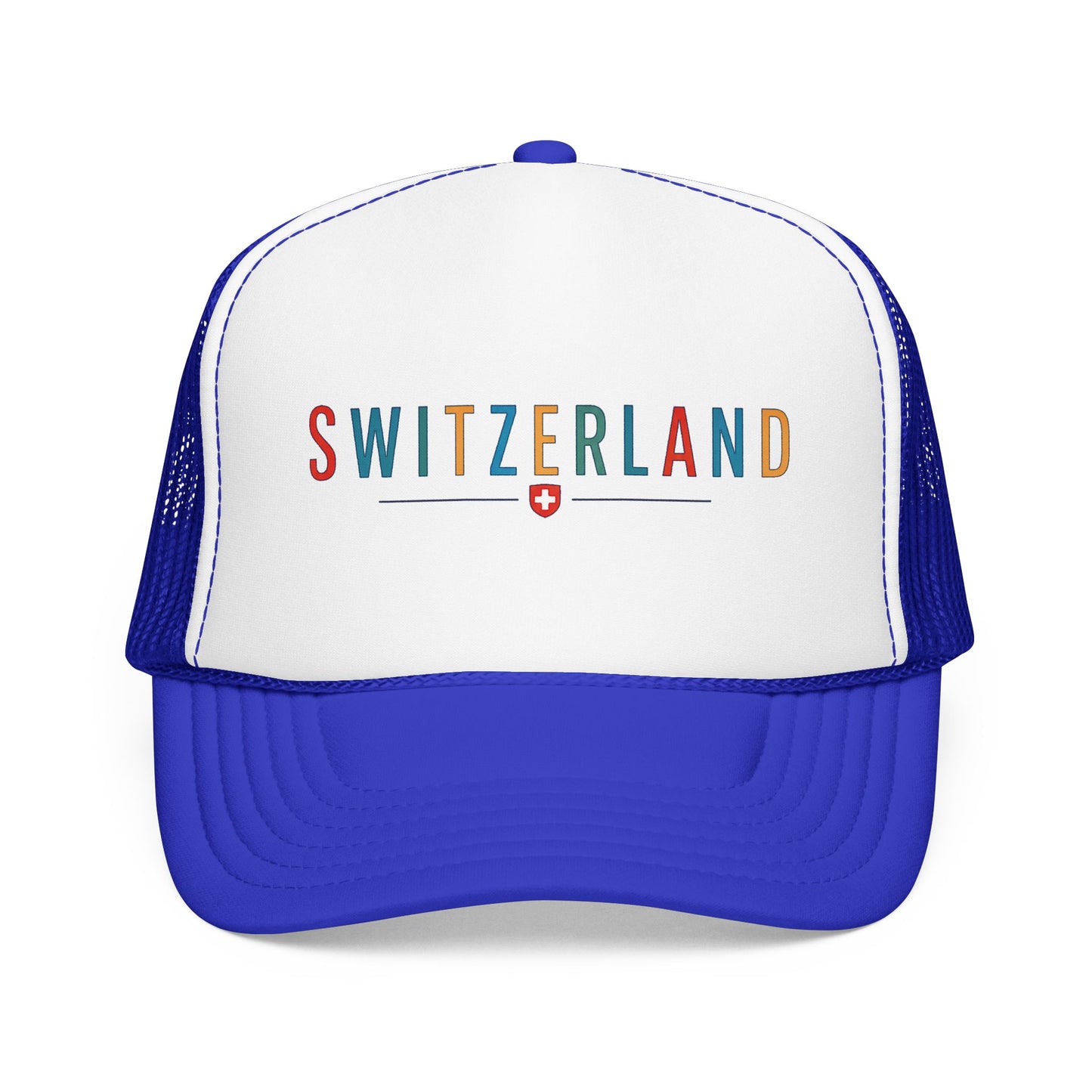 Blue and white foam trucker cap with mesh sides and 'SWITZERLAND' logo