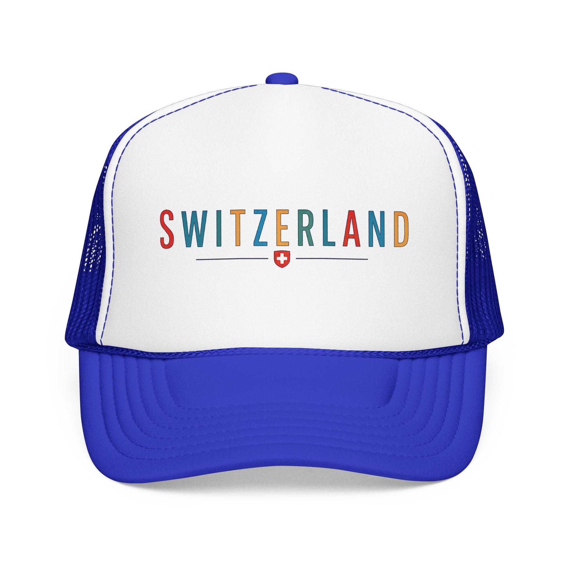 Blue and white foam trucker cap with mesh sides and 'SWITZERLAND' logo