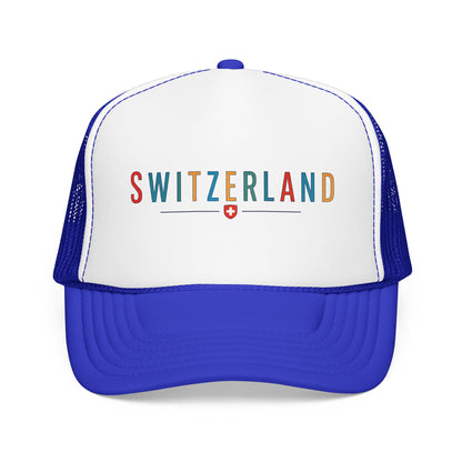Blue and white foam trucker cap with mesh sides and 'SWITZERLAND' logo