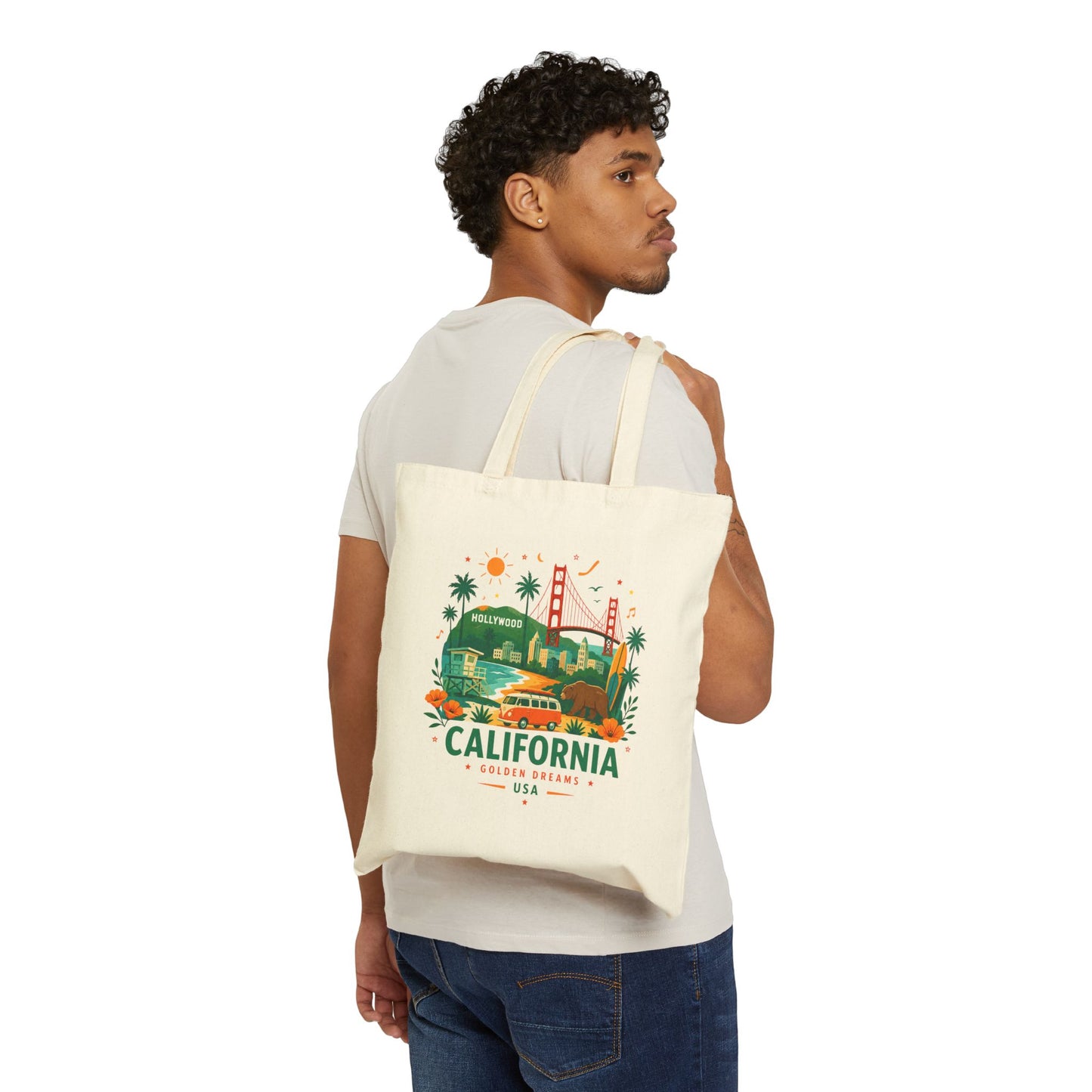 Natural canvas tote bag worn on back with California graphic on front