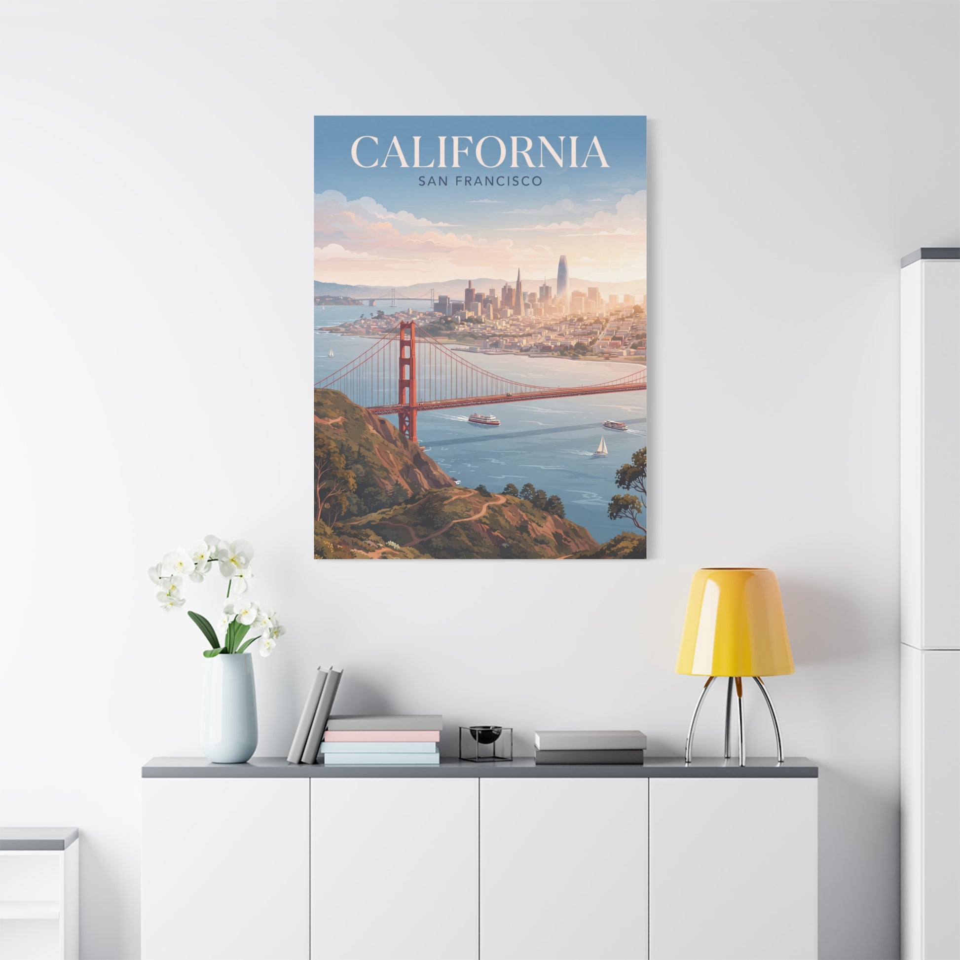 Golden Gate Bridge canvas wall art with “California” header and San Francisco skyline