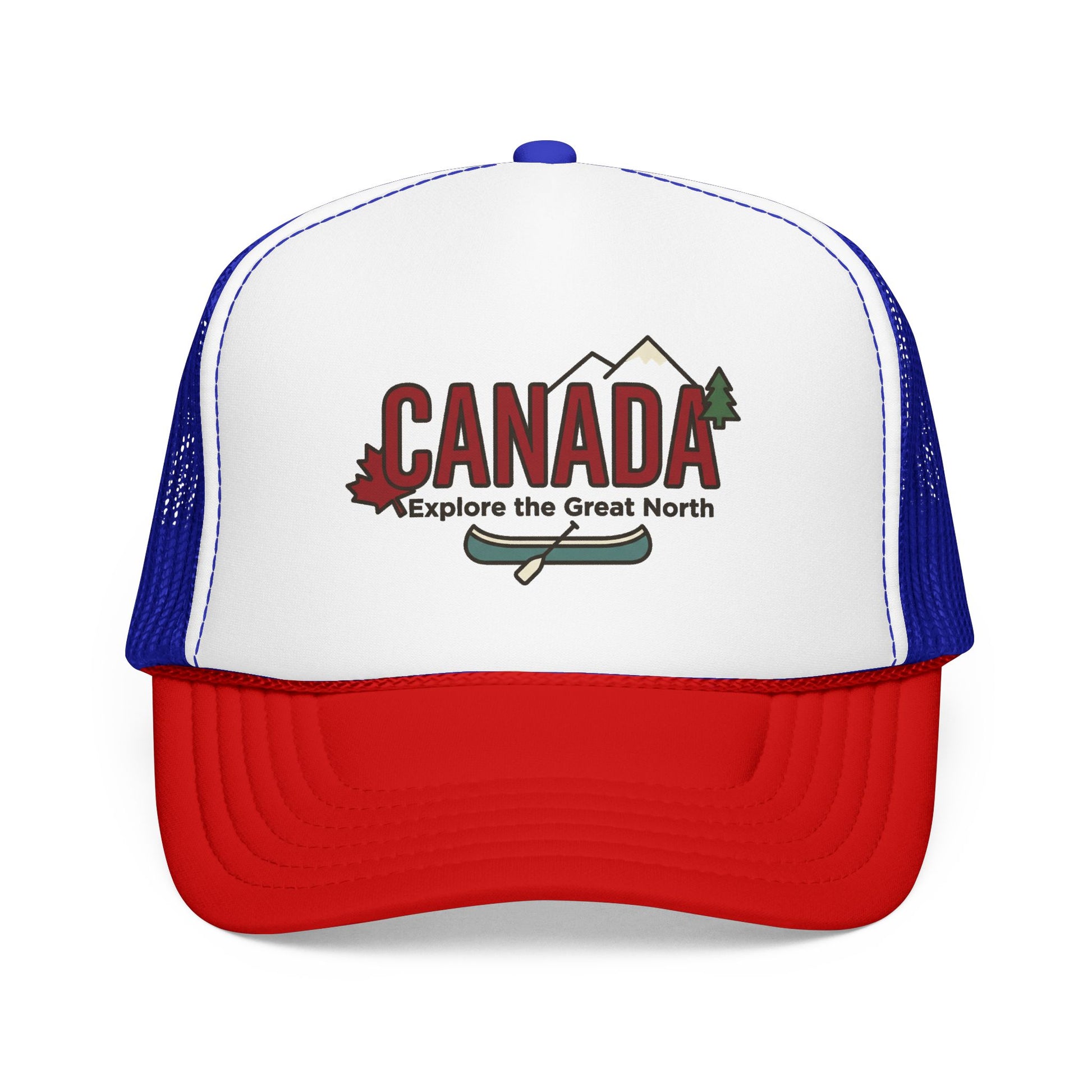 White and red foam trucker hat with Canada graphic front.