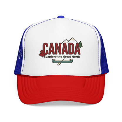 White and red foam trucker hat with Canada graphic front.