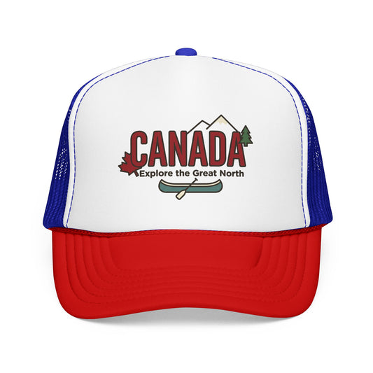 White and red foam trucker hat with Canada graphic front.