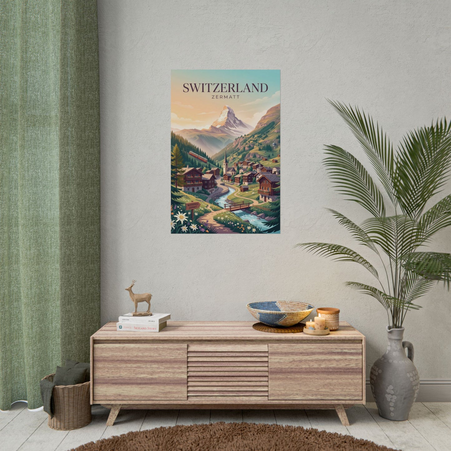 Vertical vintage poster with Switzerland title over Zermatt mountain village scene