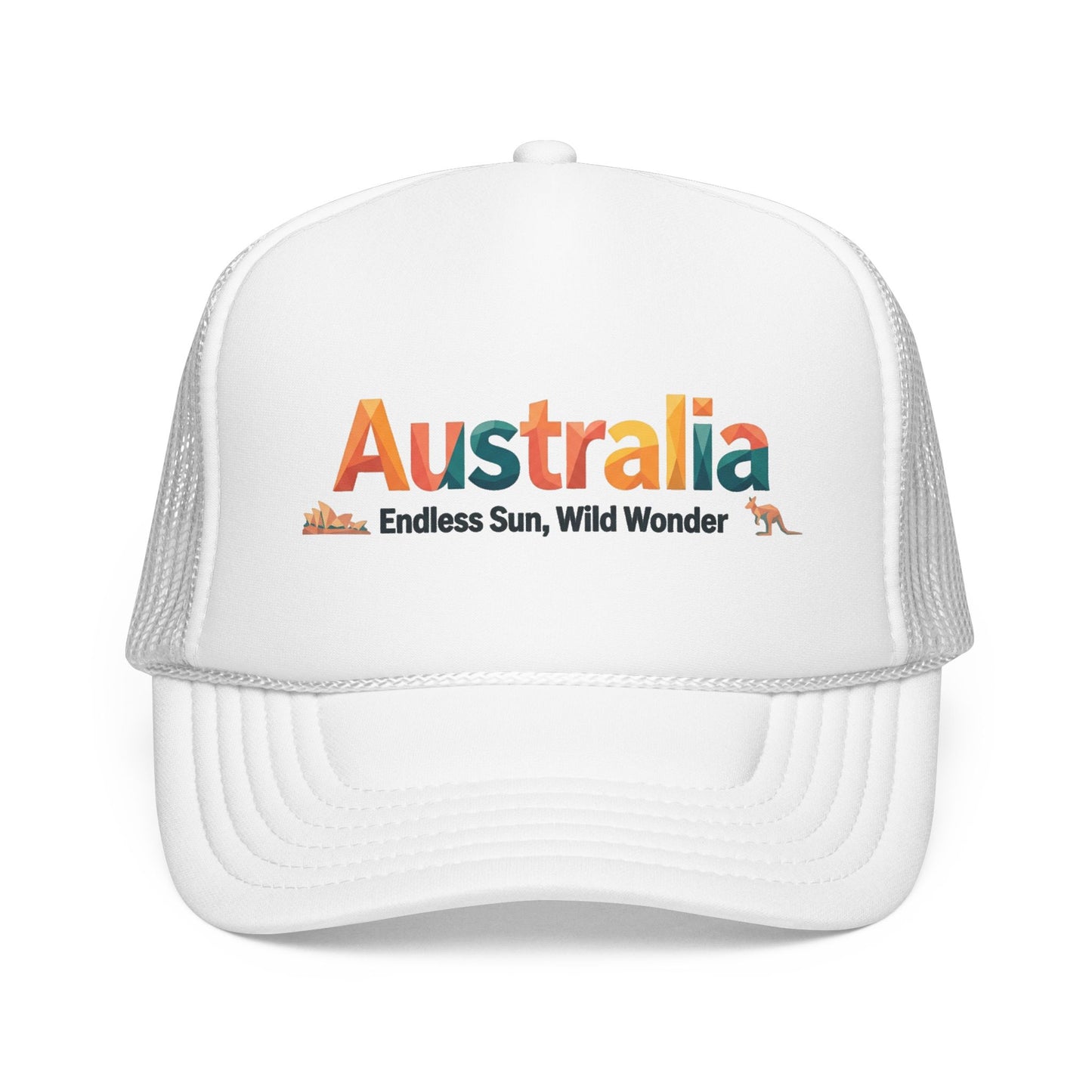 White mesh trucker cap with embroidered “Australia” graphic on the front panel.