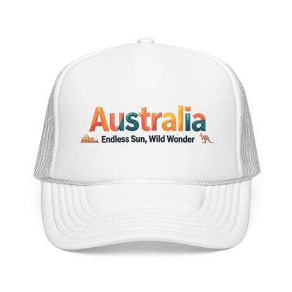 White mesh trucker cap with embroidered “Australia” graphic on the front panel.
