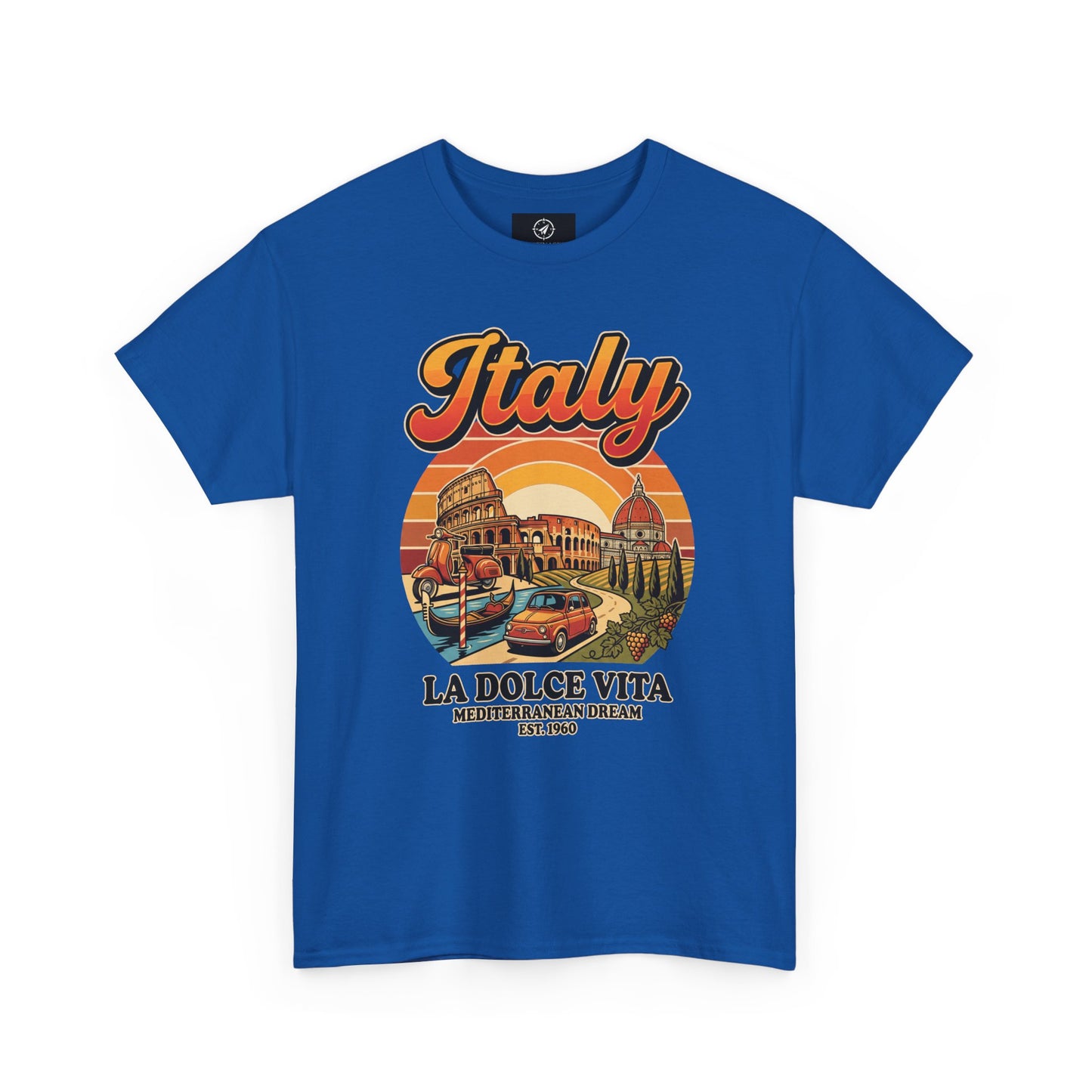 Royal blue vintage T-shirt with “Italy” graphic and “La Dolce Vita” print