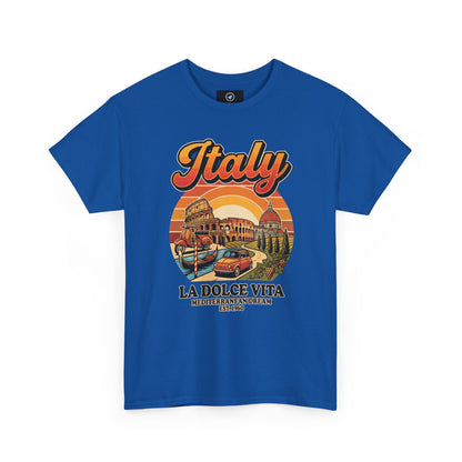 Royal blue vintage T-shirt with “Italy” graphic and “La Dolce Vita” print