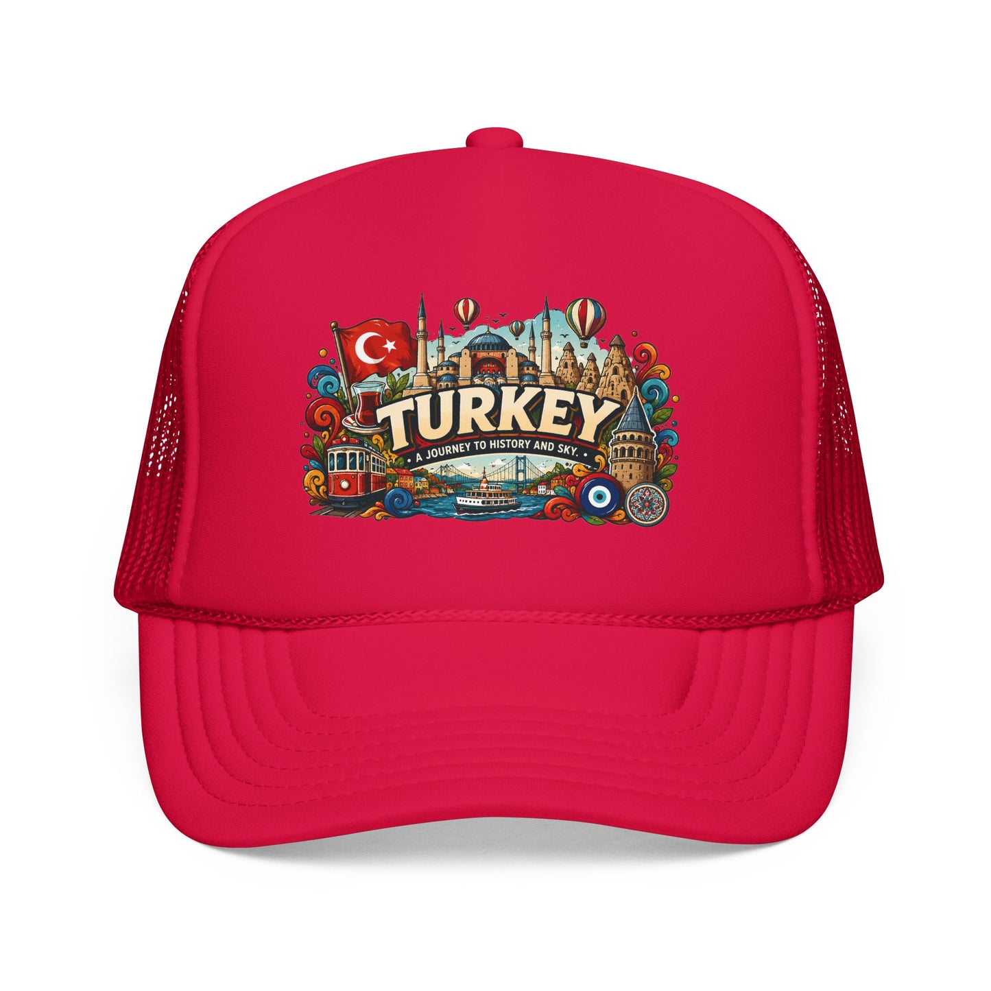 Red trucker hat with colorful Turkey emblem patch on the front