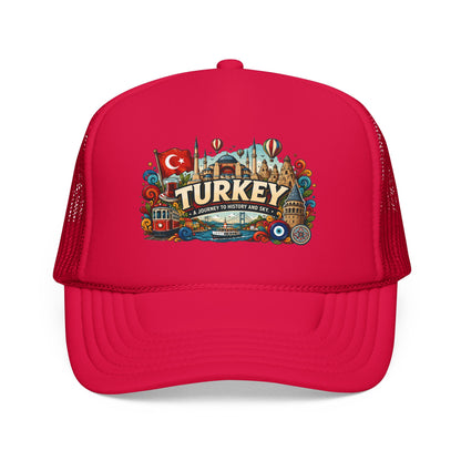 Red trucker hat with colorful Turkey emblem patch on the front