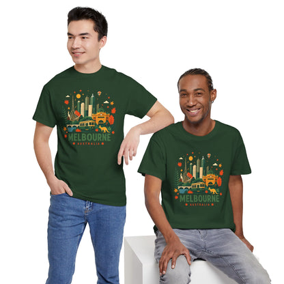 Dark green Melbourne skyline graphic T-shirt on two models, front view
