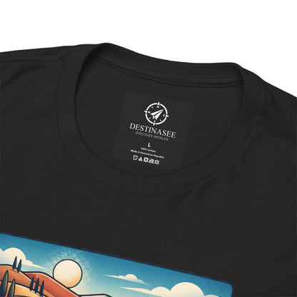 Black t-shirt chest close-up showing neck label and partial Italy graphic