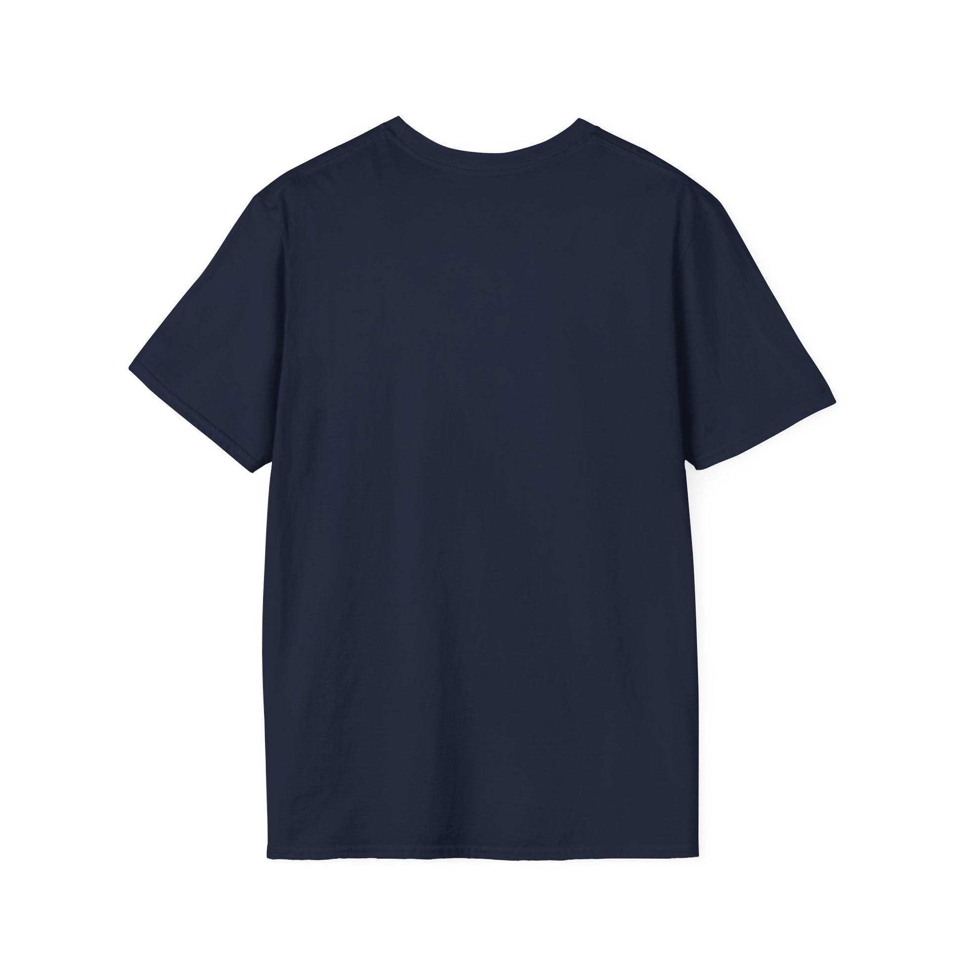 Navy T-shirt shown from the back, plain with no visible print.