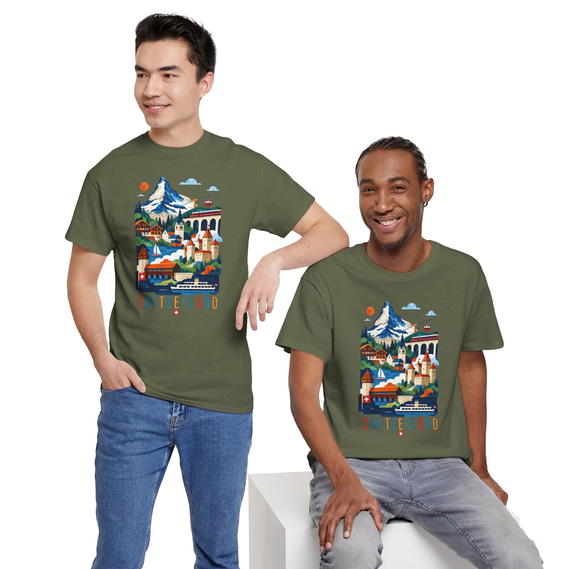 Dark green crew-neck T-shirt with front Switzerland village scene graphic