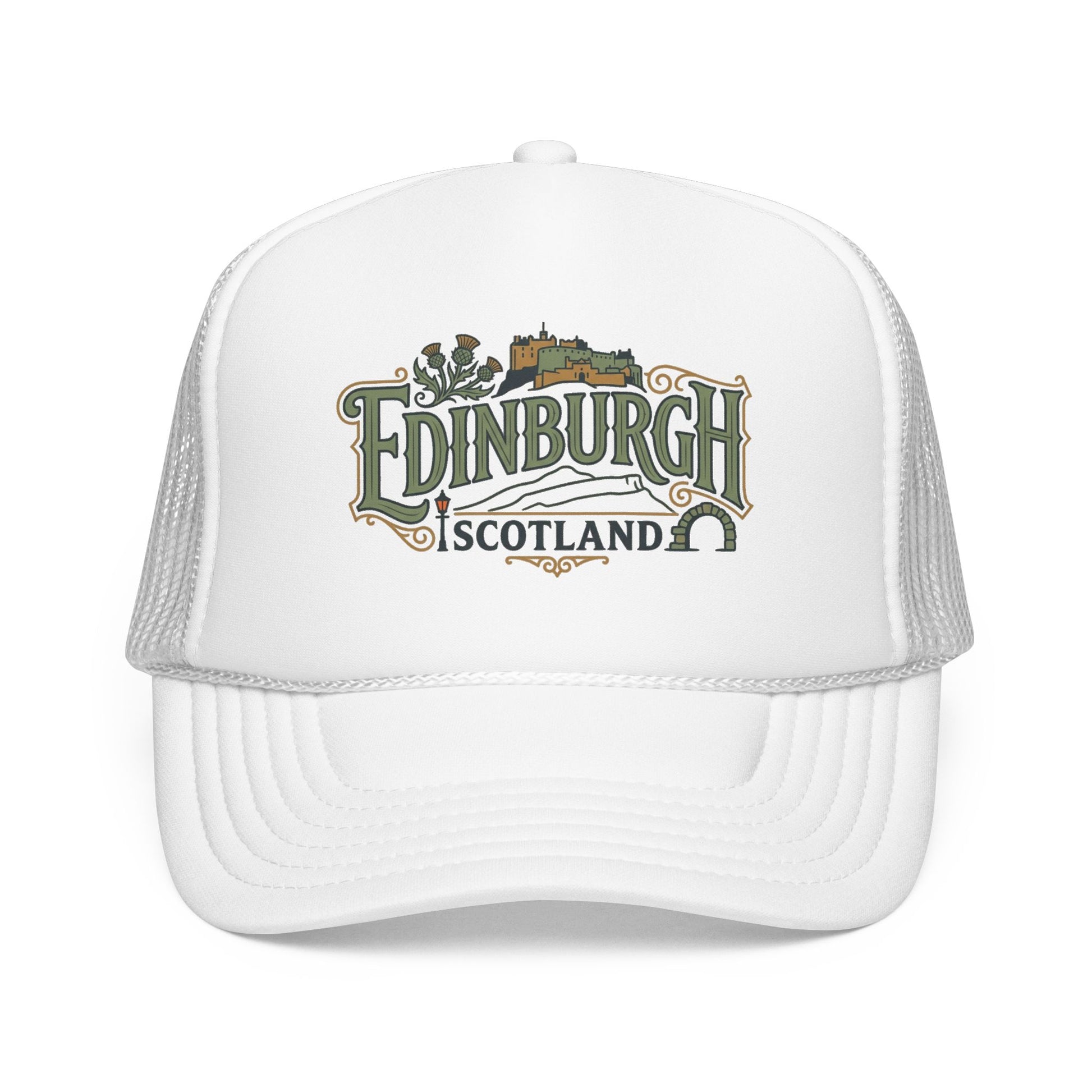 White trucker hat with mesh back and Edinburgh Scotland logo on front panel.