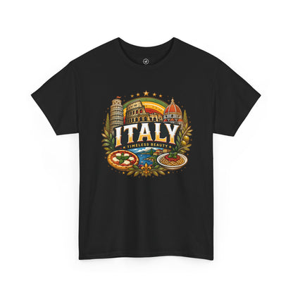 Black short-sleeve t-shirt with colorful Italy landmark front graphic