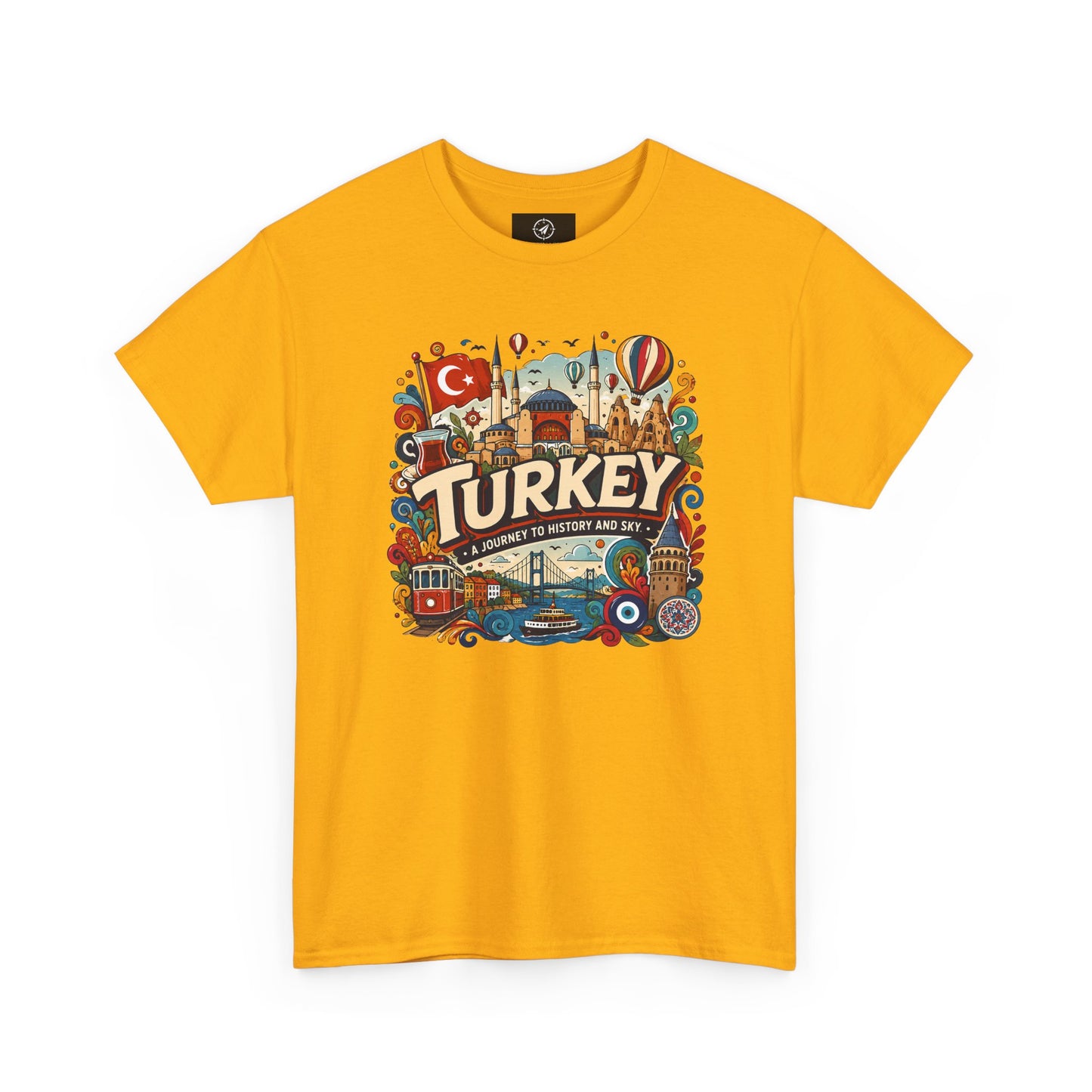 Yellow graphic tee with colorful Turkey cityscape illustration on the chest