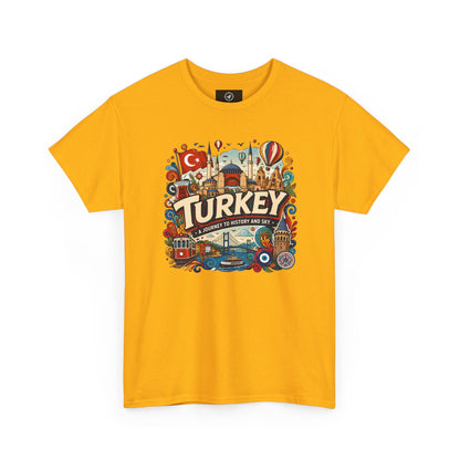 Yellow graphic tee with colorful Turkey cityscape illustration on the chest