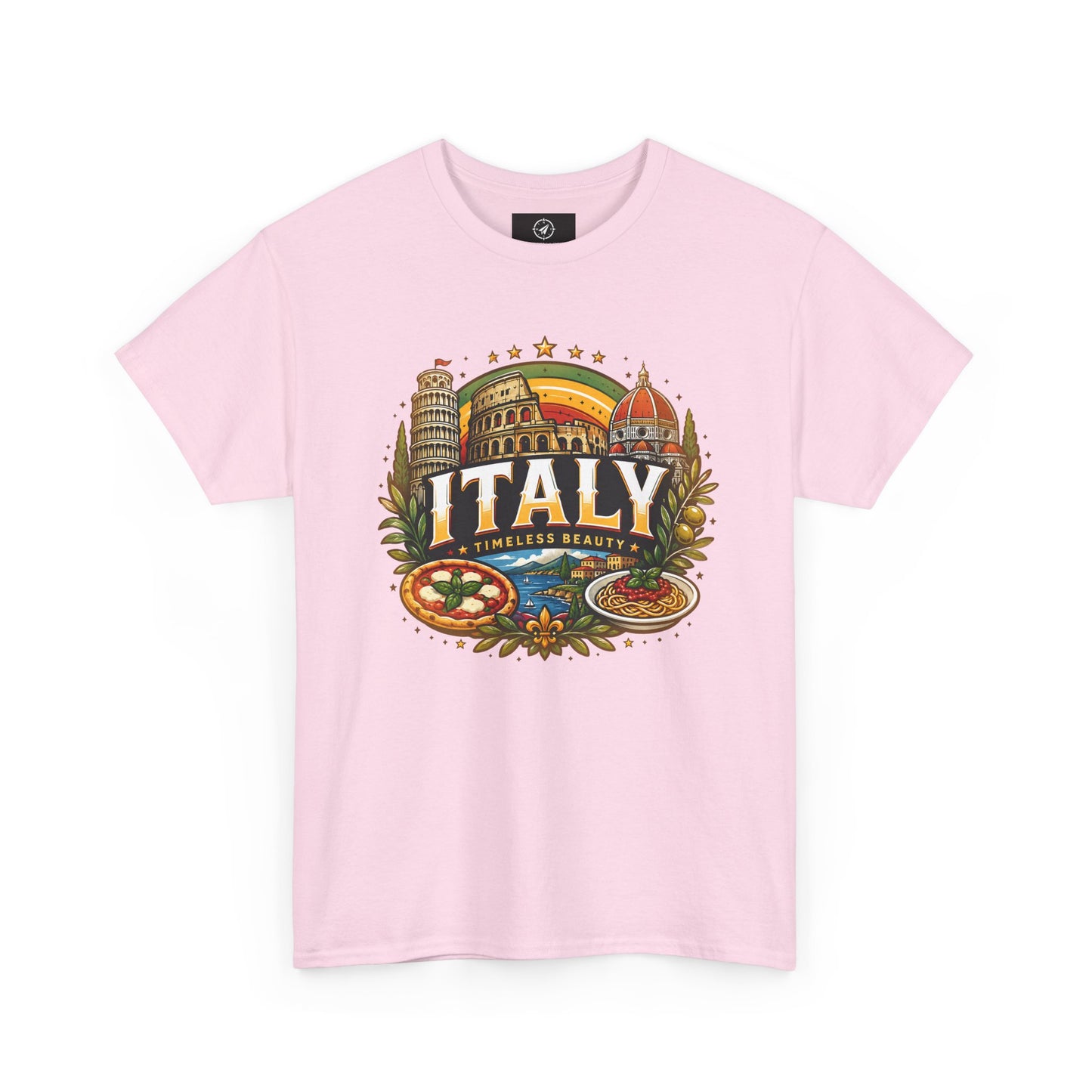 Light pink short-sleeve t-shirt with colorful Italy landmark front graphic