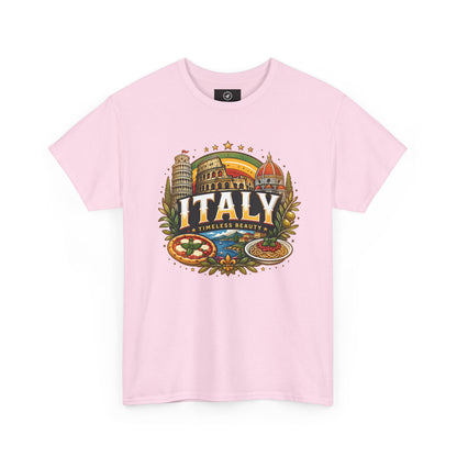Light pink short-sleeve t-shirt with colorful Italy landmark front graphic