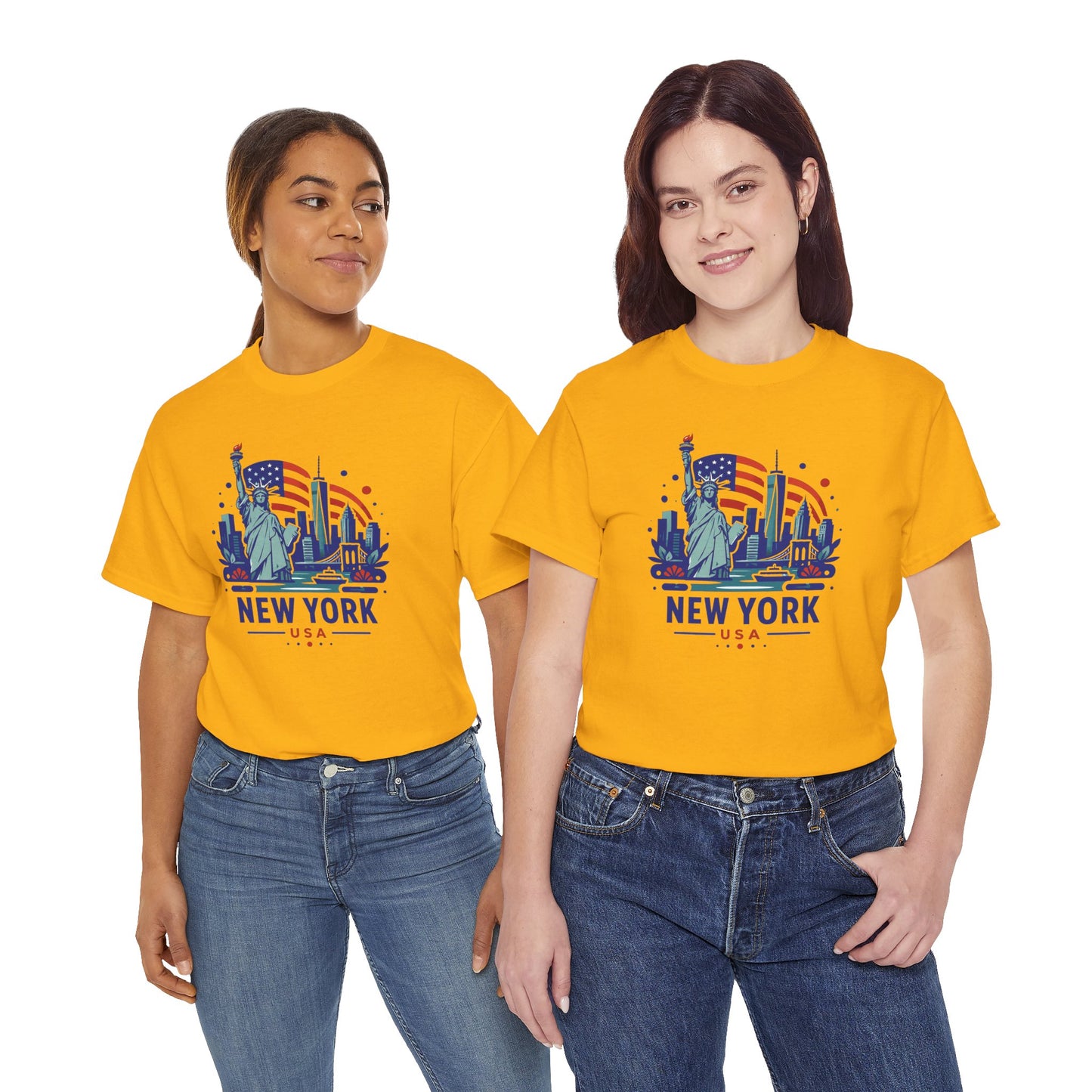 Gold T-shirt with Statue of Liberty New York USA front graphic