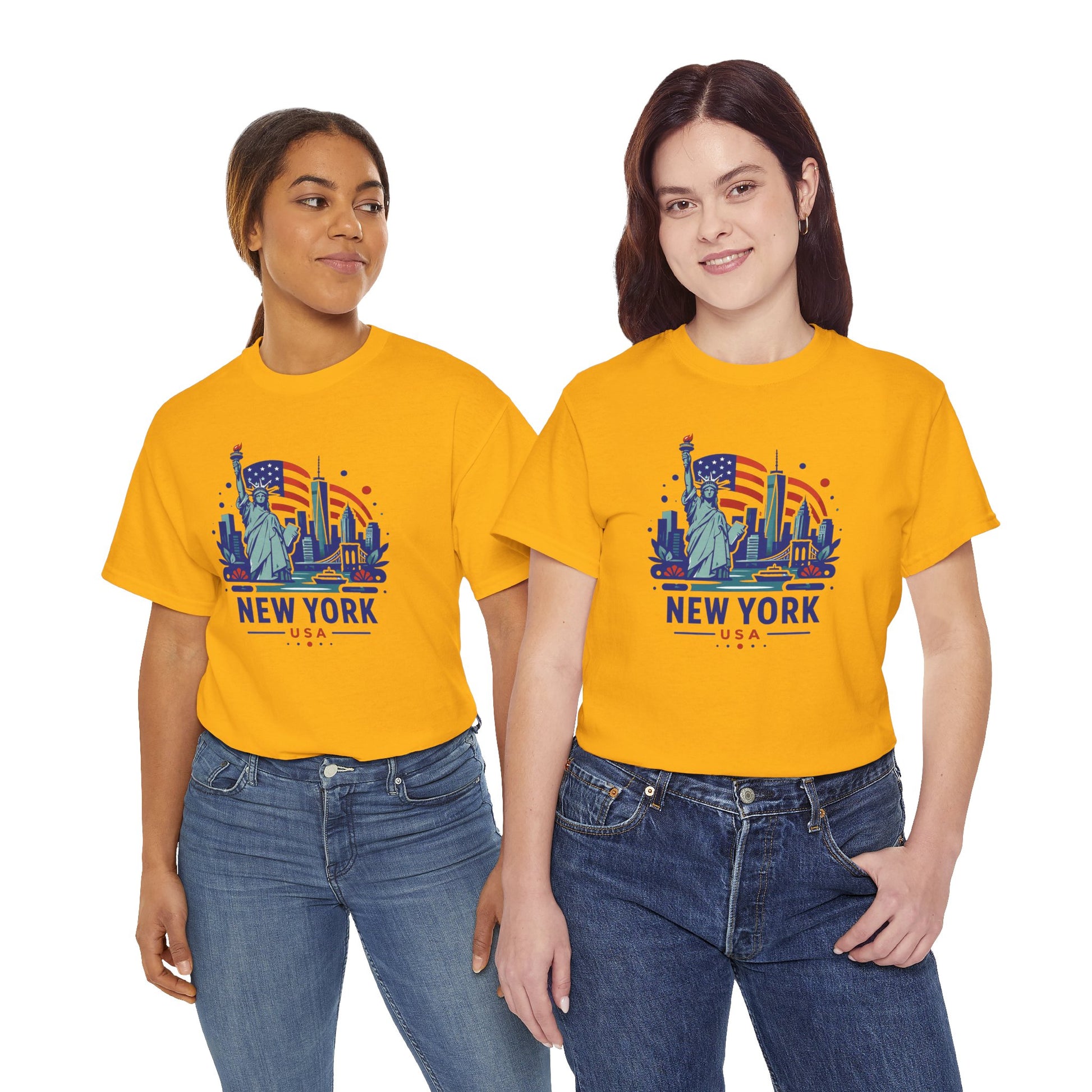 Gold T-shirt with Statue of Liberty New York USA front graphic