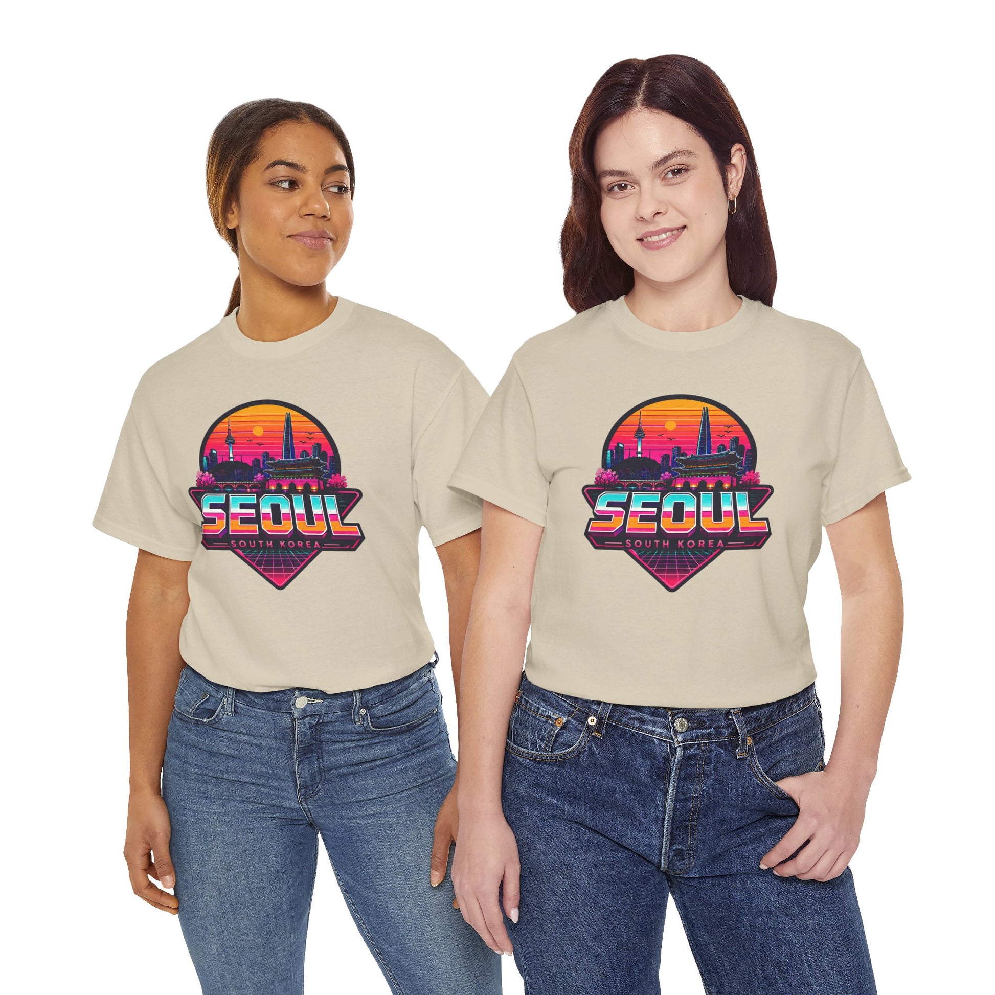 Natural beige T-shirt with centered Seoul sunset city heart graphic