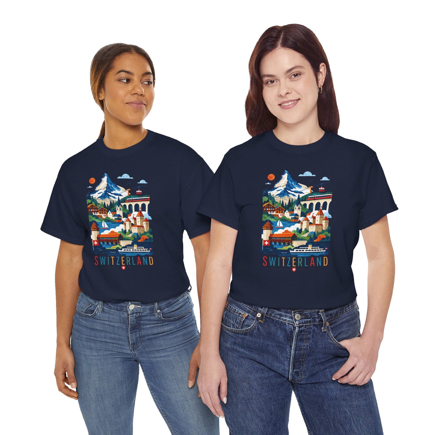 Navy crew-neck T-shirt with colorful Switzerland village graphic on front