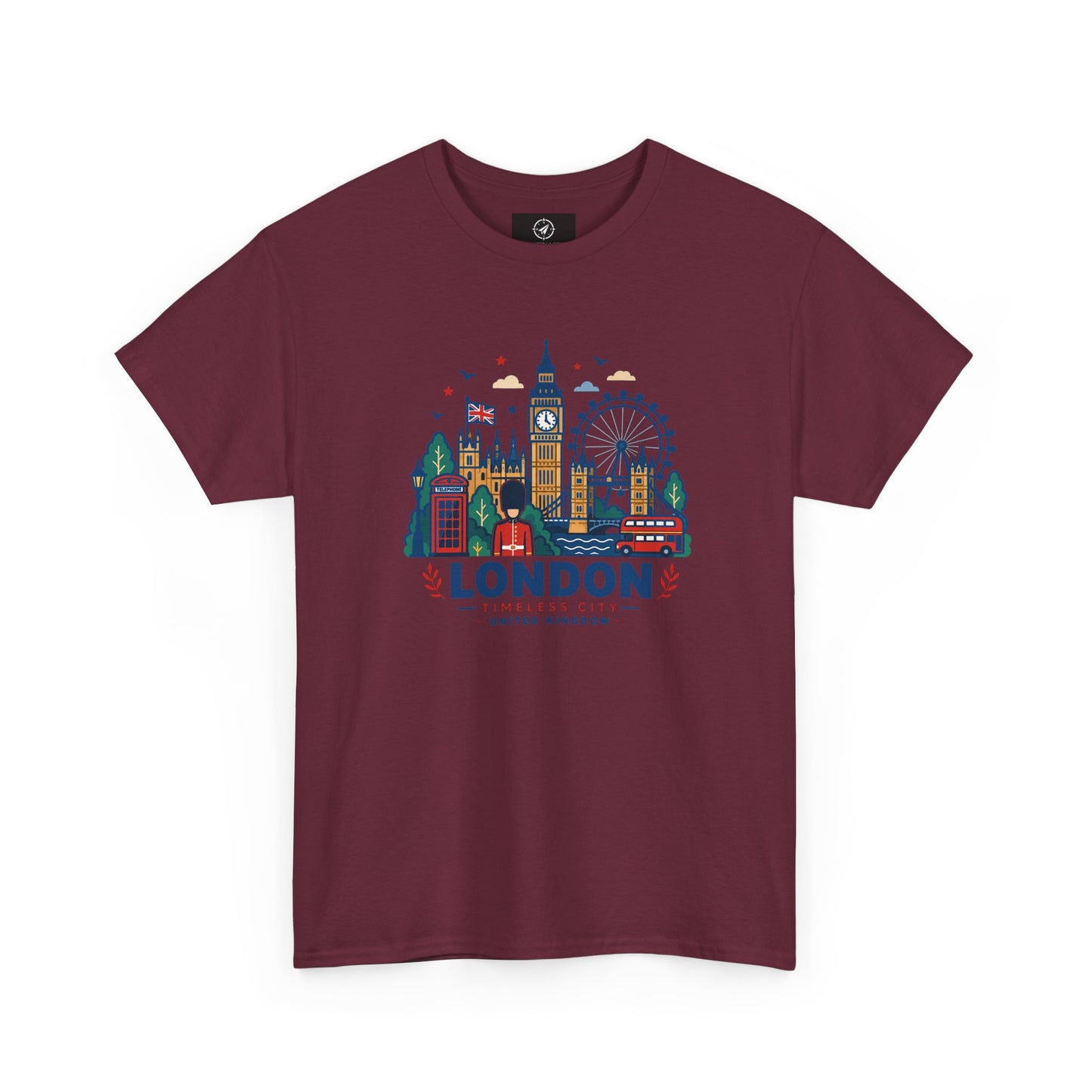 Maroon crew neck T-shirt with colorful London skyline graphic on the front