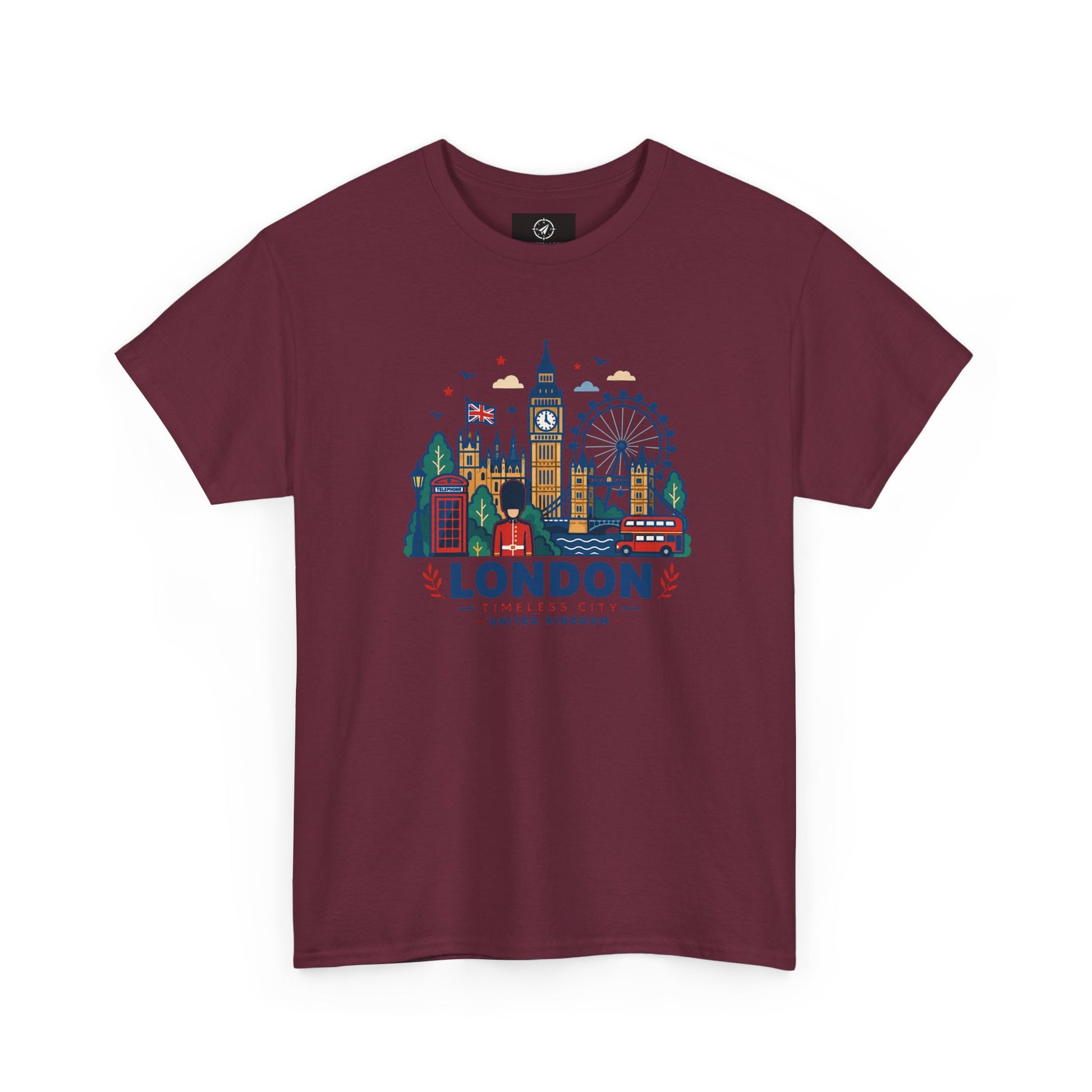 Maroon crew neck T-shirt with colorful London skyline graphic on the front