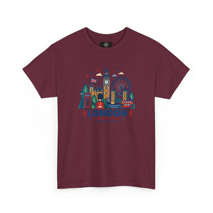 Maroon crew neck T-shirt with colorful London skyline graphic on the front