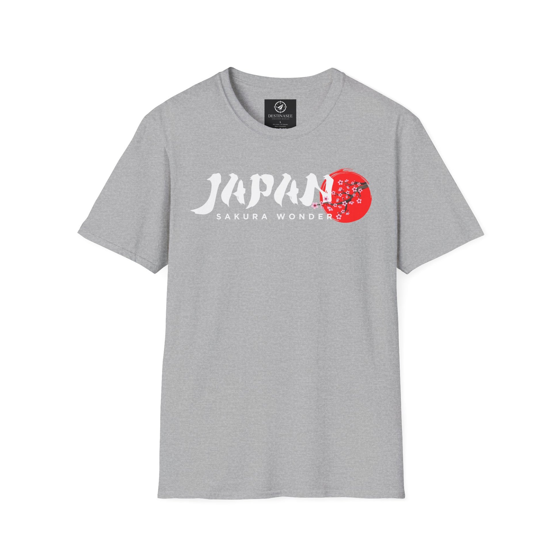 Light gray T-shirt with white “Japan” text and red cherry blossom graphic on chest