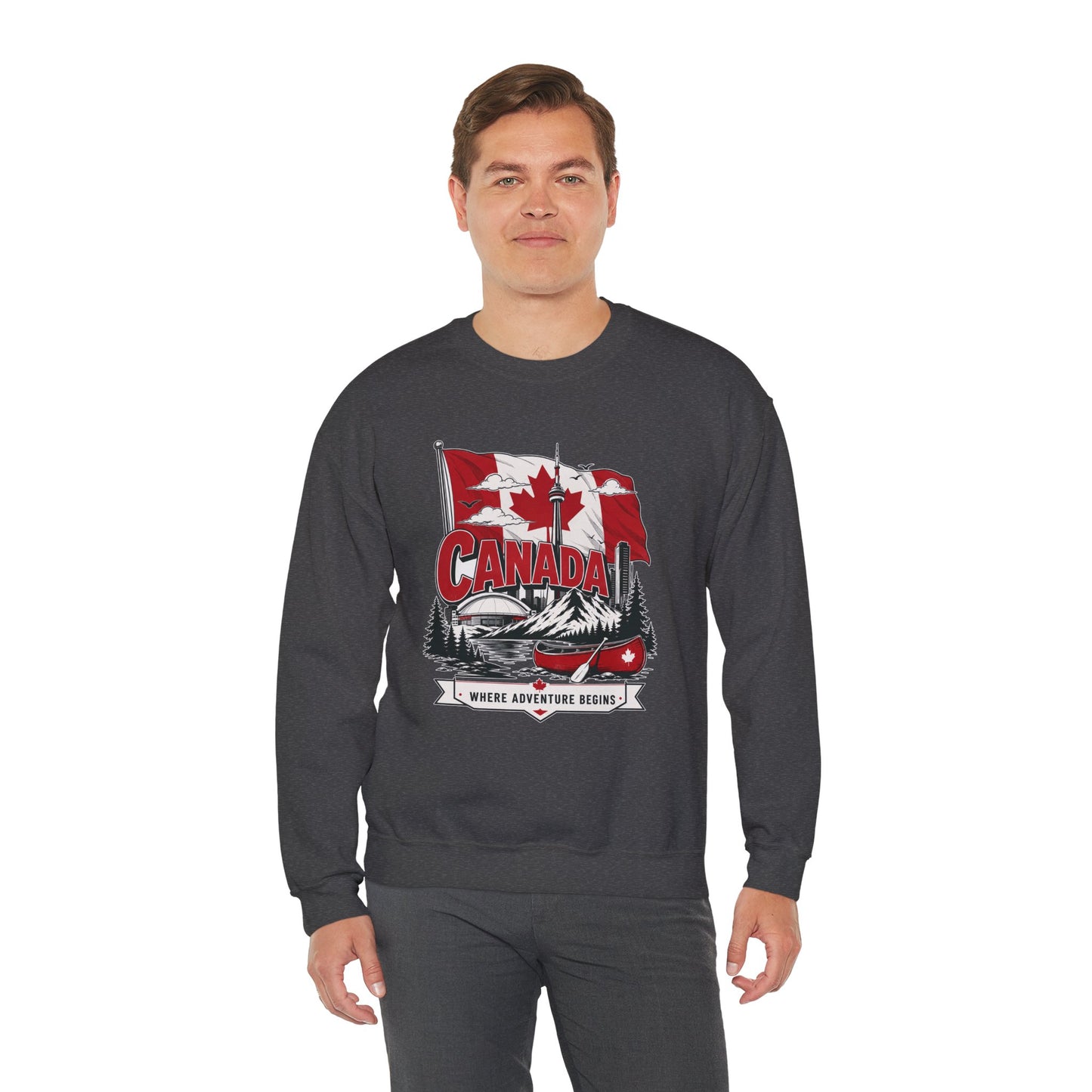 Dark gray crewneck sweatshirt with Canada flag and canoe graphic on the chest.