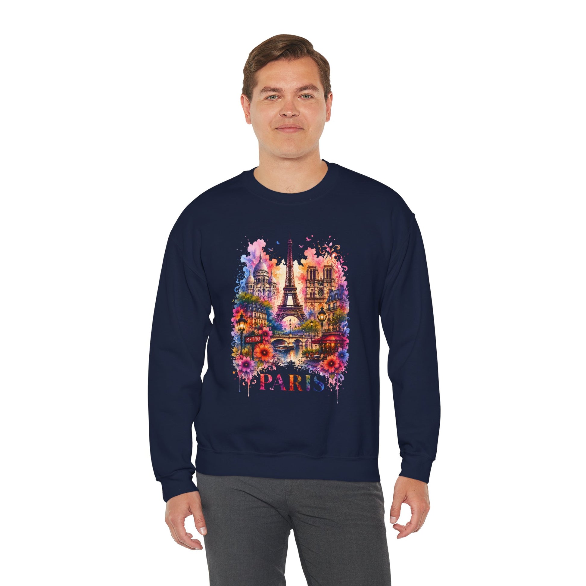 Navy crewneck sweatshirt with Eiffel Tower and PARIS graphic, worn by model