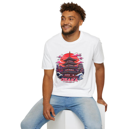 White T-shirt with Osaka graphic print, worn by a person sitting.