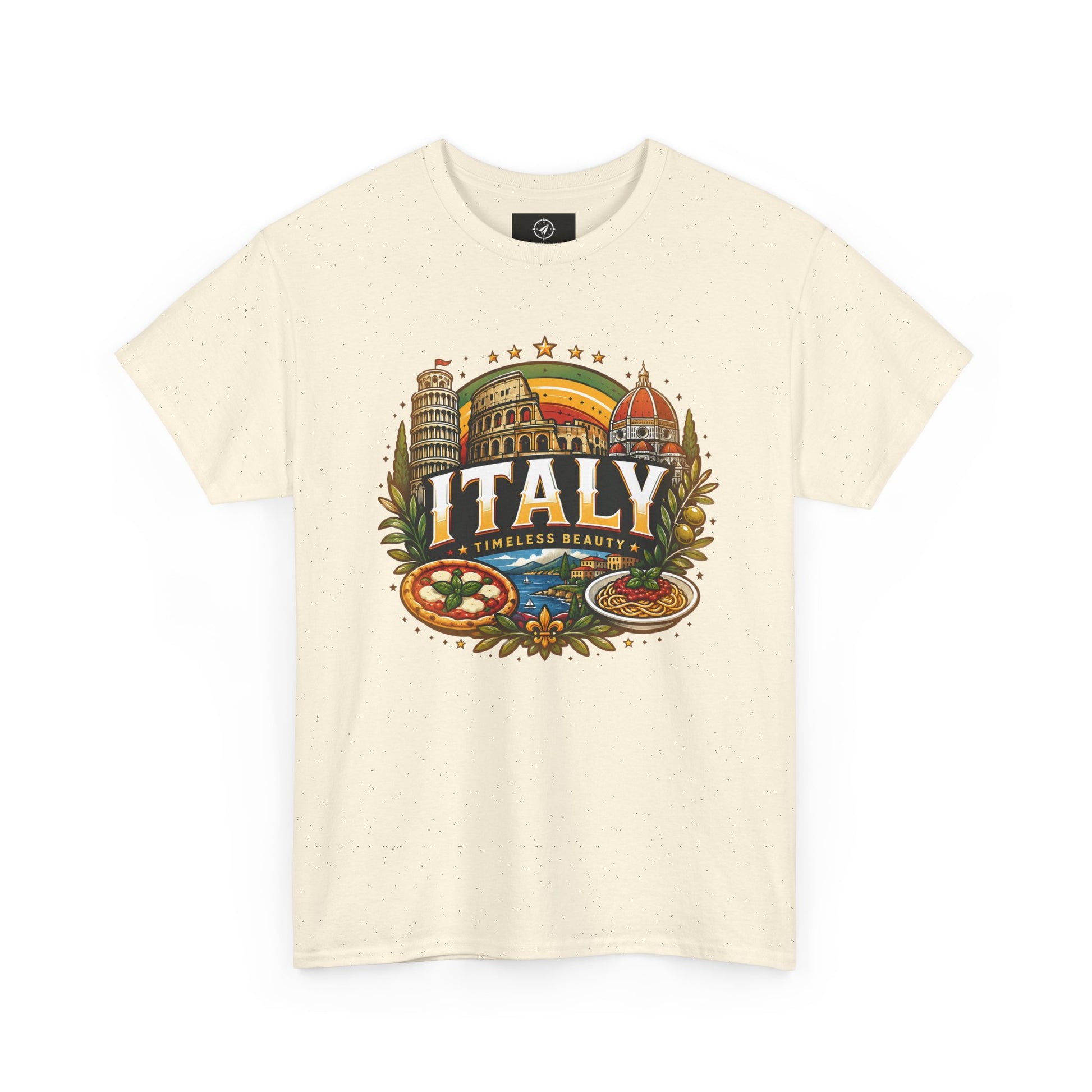 Cream crew-neck T-shirt with vintage Italy emblem graphic on chest