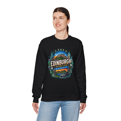 Black crewneck sweatshirt with colorful Edinburgh graphic print on the chest